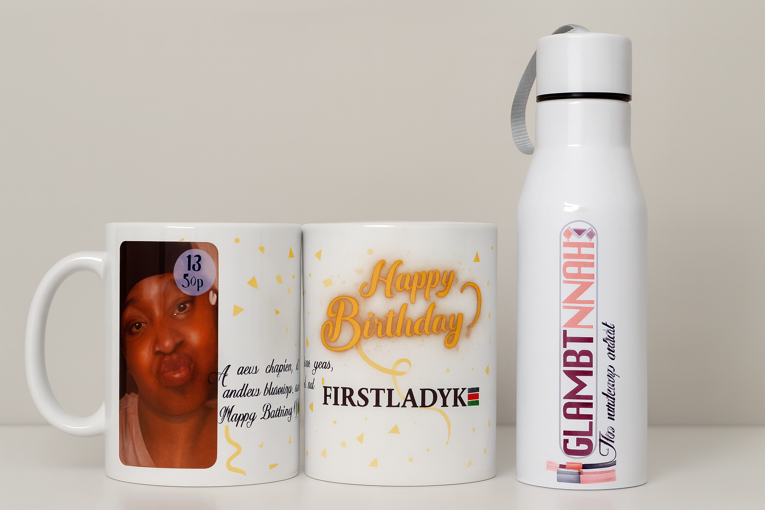Branded mugs and bottles